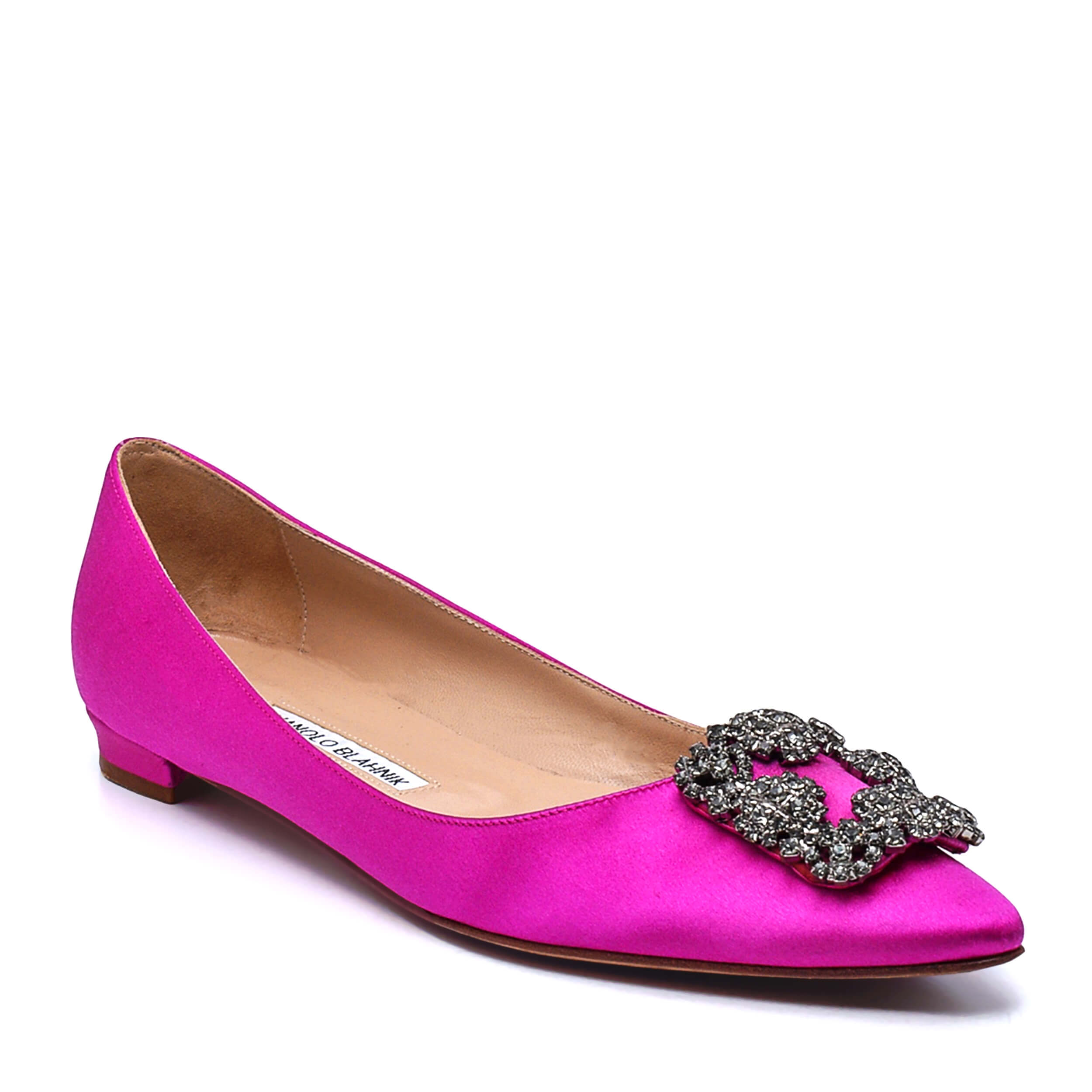 Manolo Blahnik -  Fuchsia Satin Jewel Buckle Hangisi Flat Pumps / 38,5